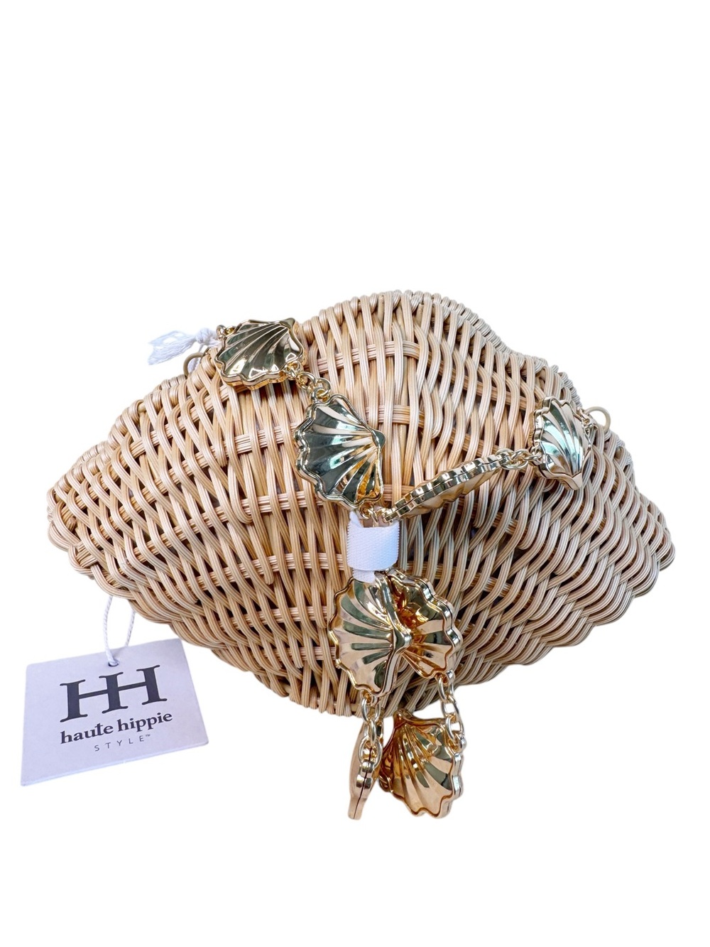 HAUTE HIPPIE NWT Woven Seashell Hand Bag w Gold Seashell Chain - Picture 13 of 13